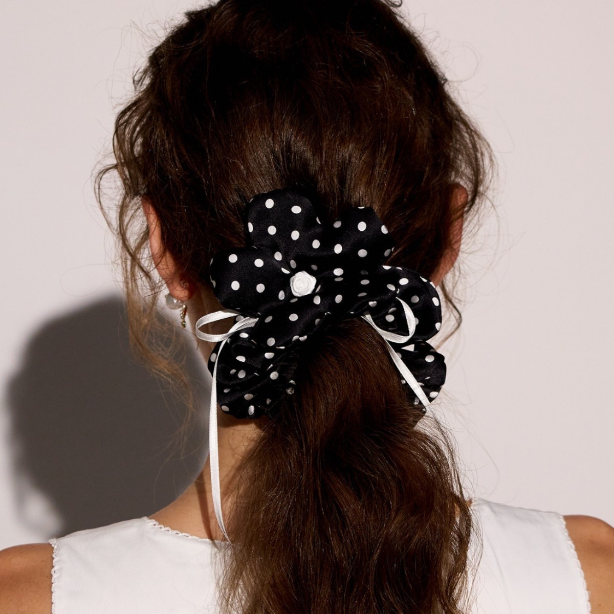 Girls Spring Satin Telephone Cord Hair Tie White And Black Polka Dots