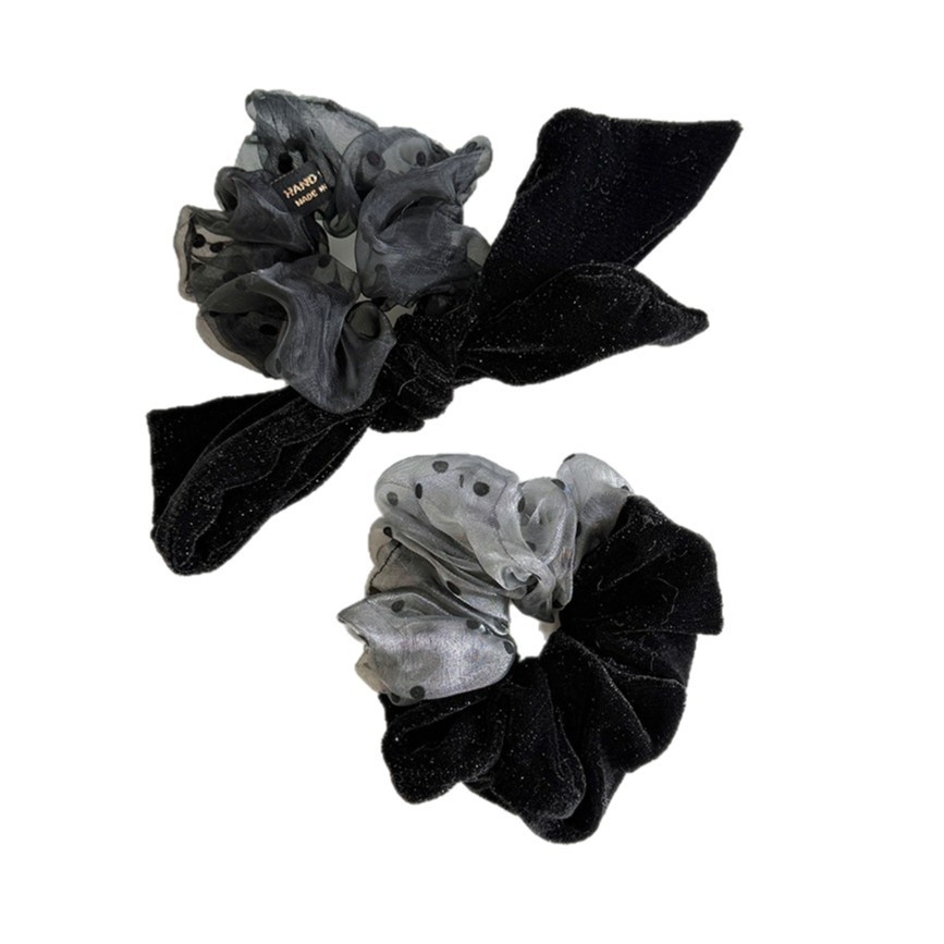 Women's Shiny Stitching Velvet Bowknot Hair Tie Black Polka Dots