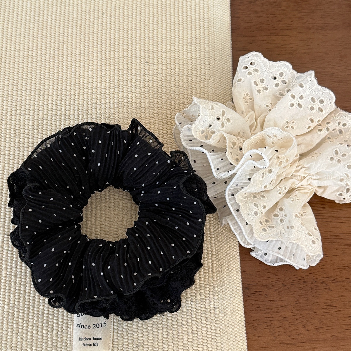 Women's Lace Scrunchie Hair Tie For Elegant Looks Black White Polka Dots