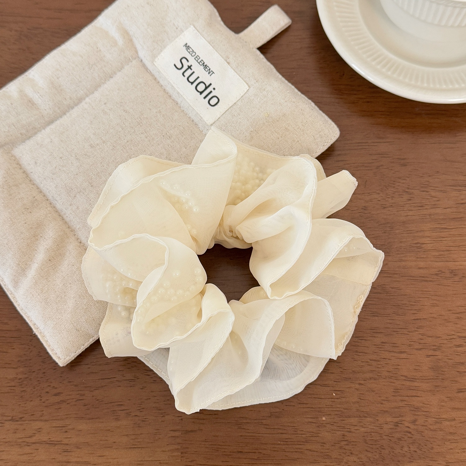 Women's Elegant Soft Gauze Pearl Hair Tie Spring Scrunchie Black