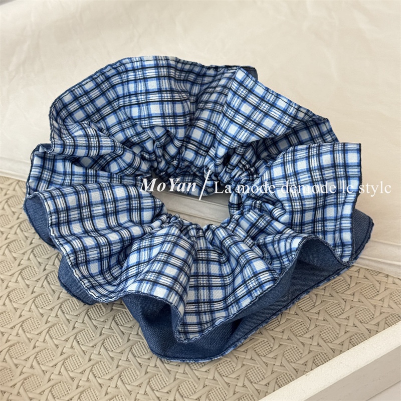 Women's Comfortable Cloth Scrunchies Hair Tie Blue Color Block Checkered