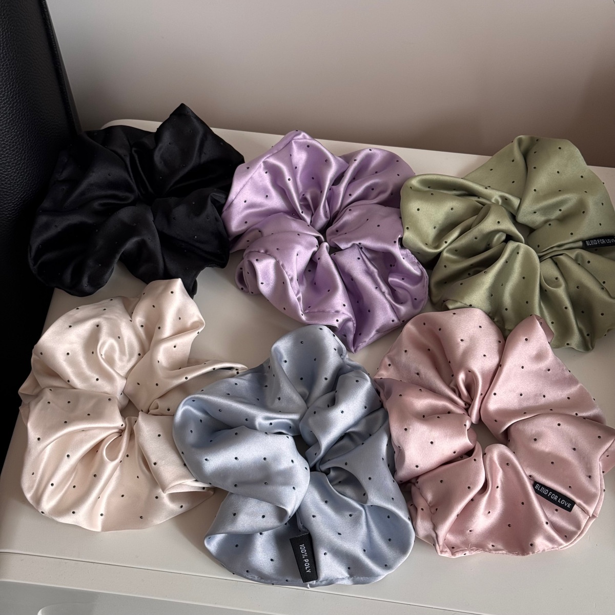 Women's Elegant Spring Satin Hair Tie Scrunchie in Beige Polka Dots