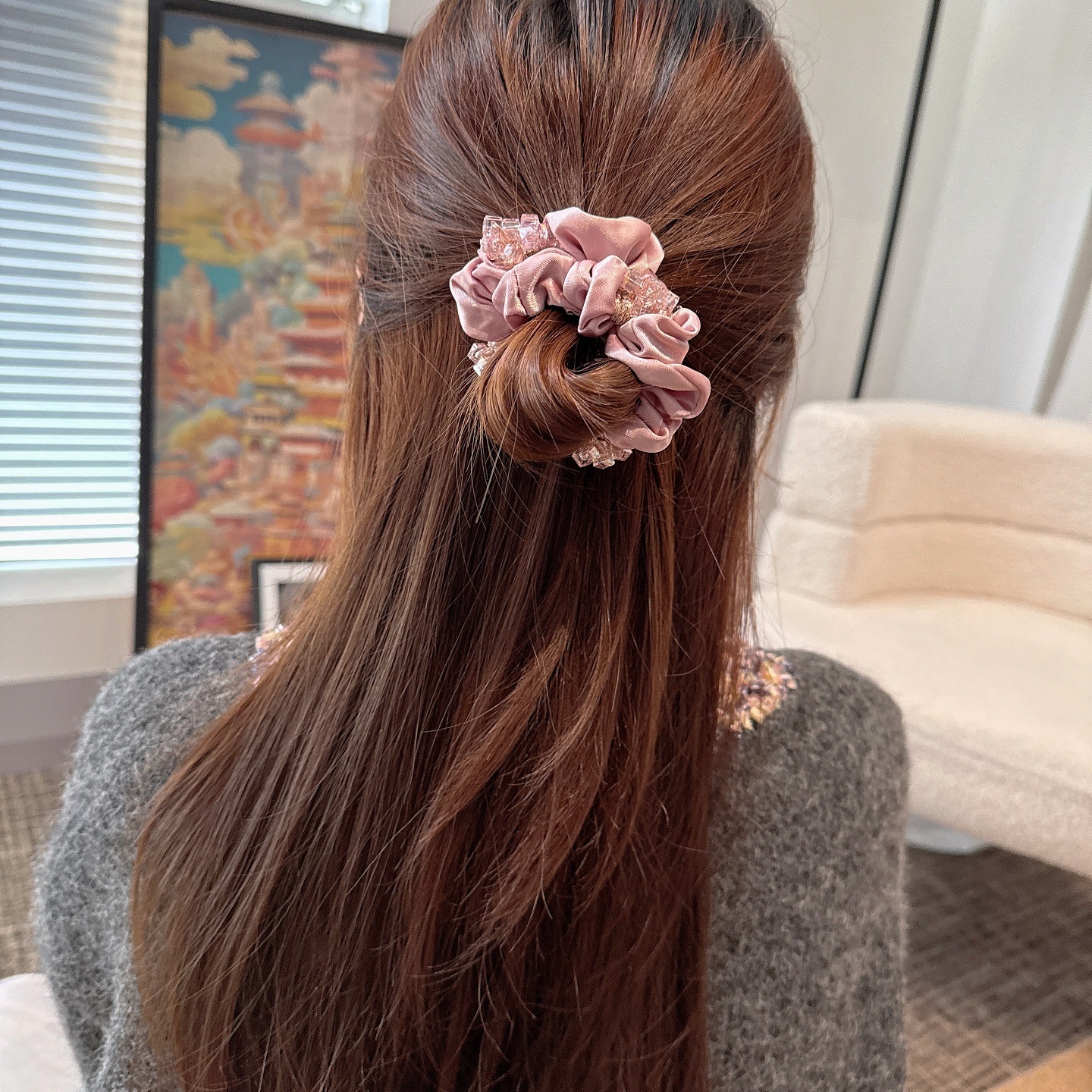 Women Minimalist Crystal Fabric Hair Tie For Ponytails Solid Pink Blue Black