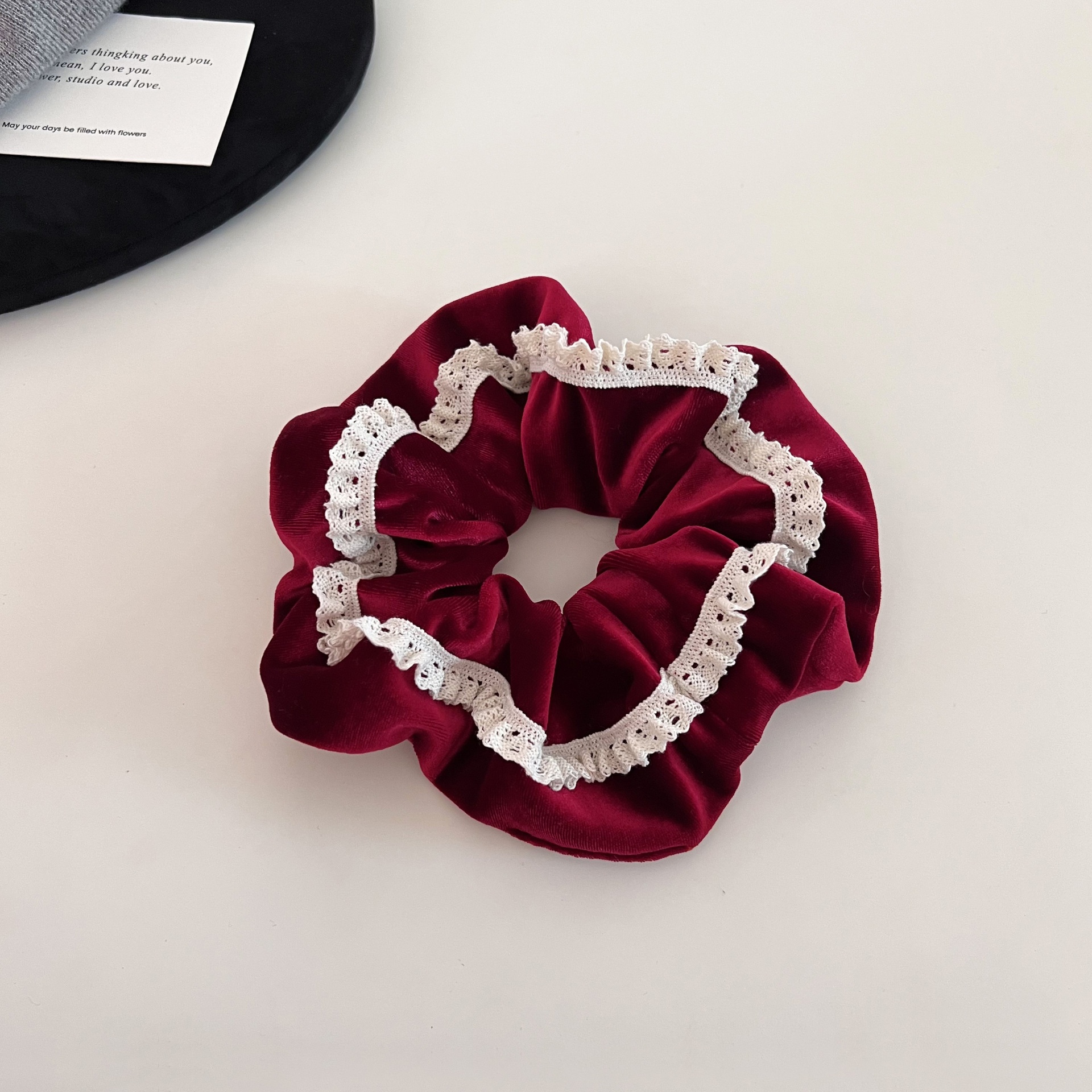 Women's French Lace Edge Velvet Hair Tie for Buns in Elegant Solid Colors