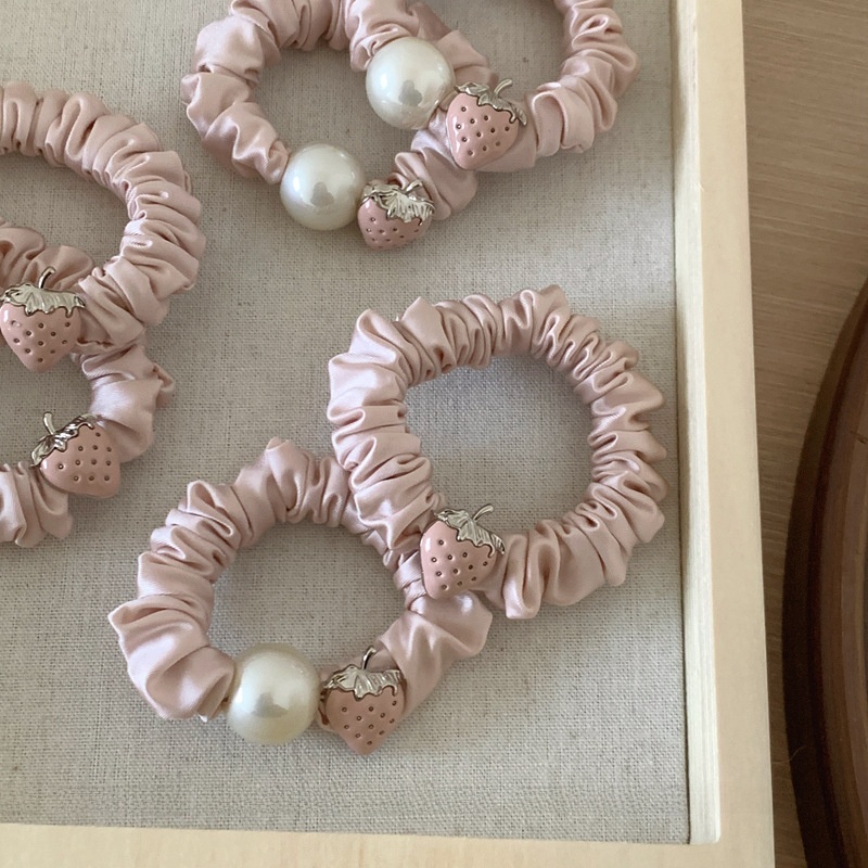 Women's Spring Summer Satin Pearl Hair Tie Sweet Pink Strawberry