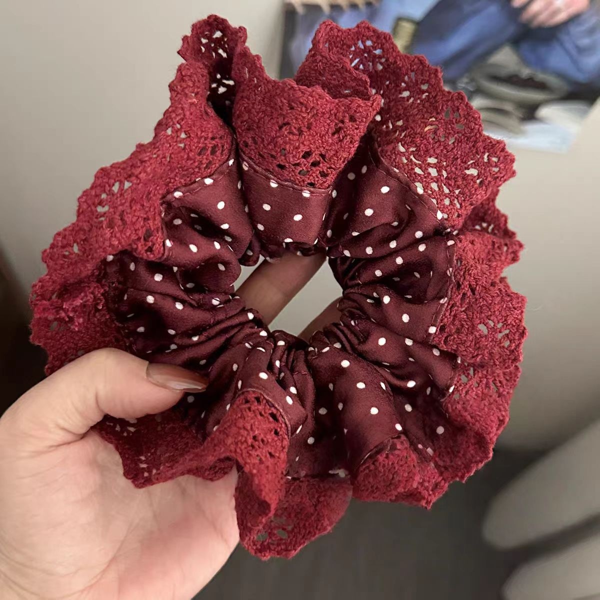 Women's Sweet New Year Cloth Hair Tie Red Polka Dots Lace