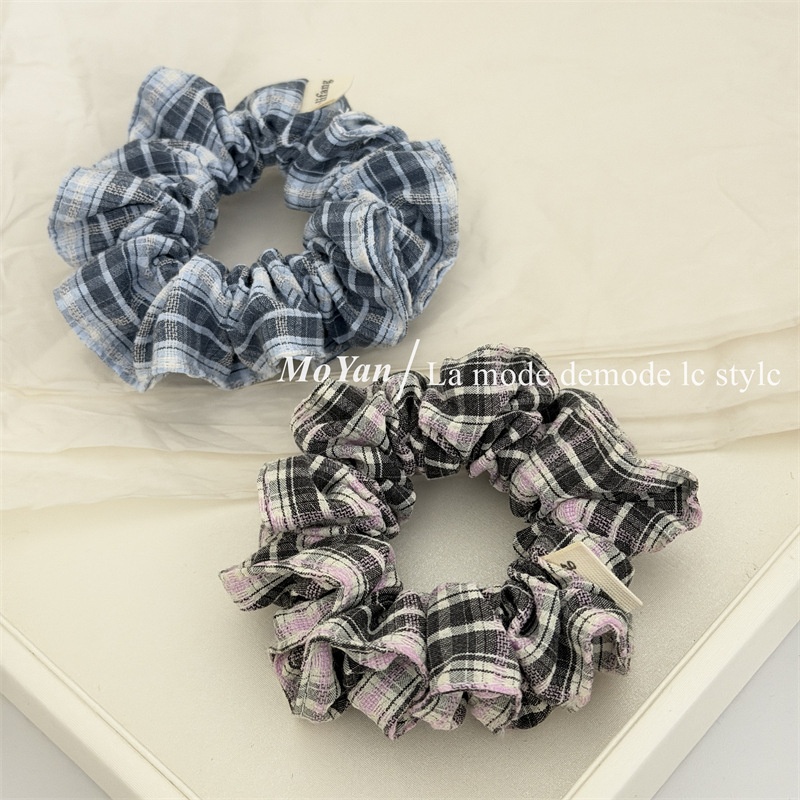Women's Retro Cloth Hair Tie Blue Checkered Plaid Scrunchie for Spring