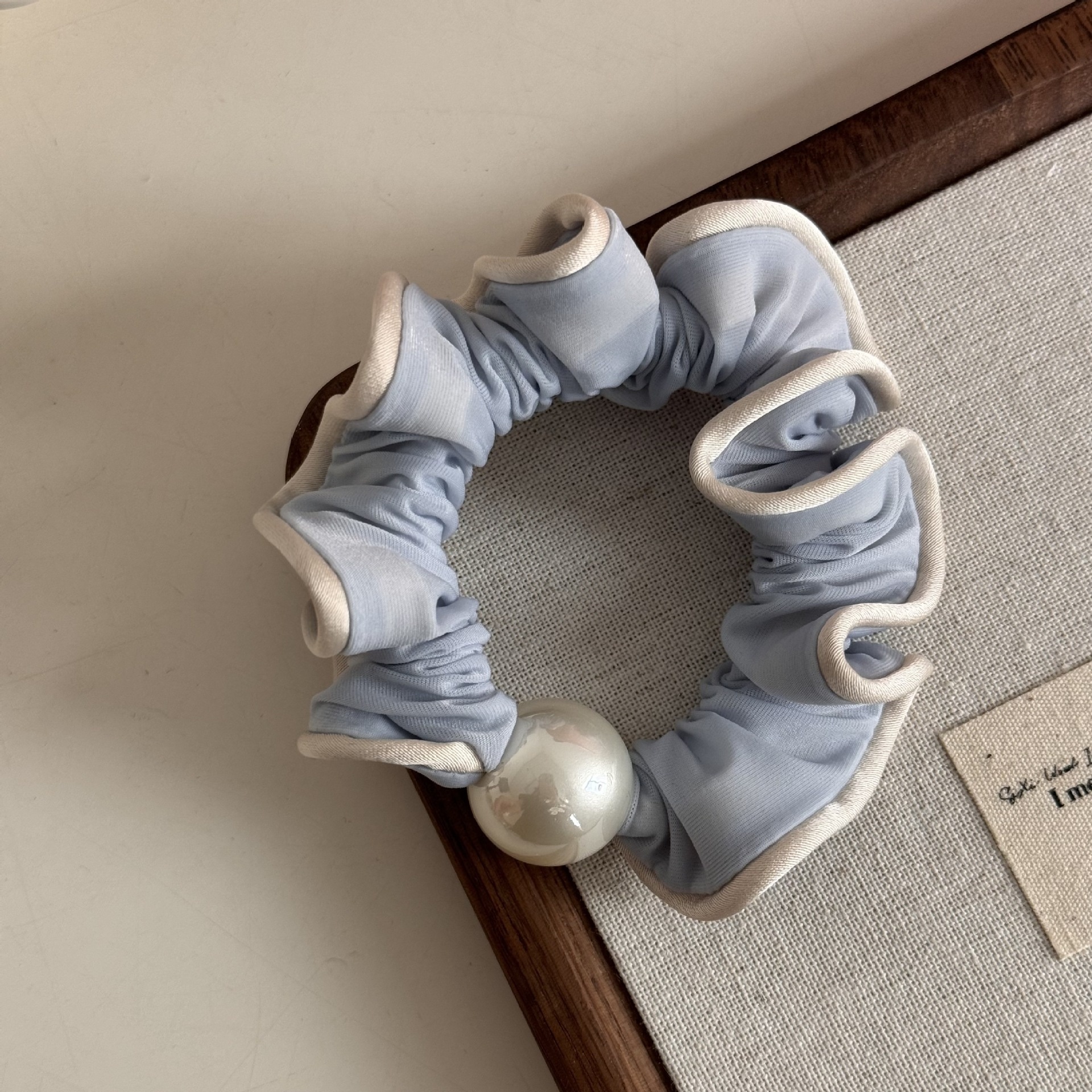 Women's Spring Satin Artificial Pearl Hair Tie Rubber Band Blue