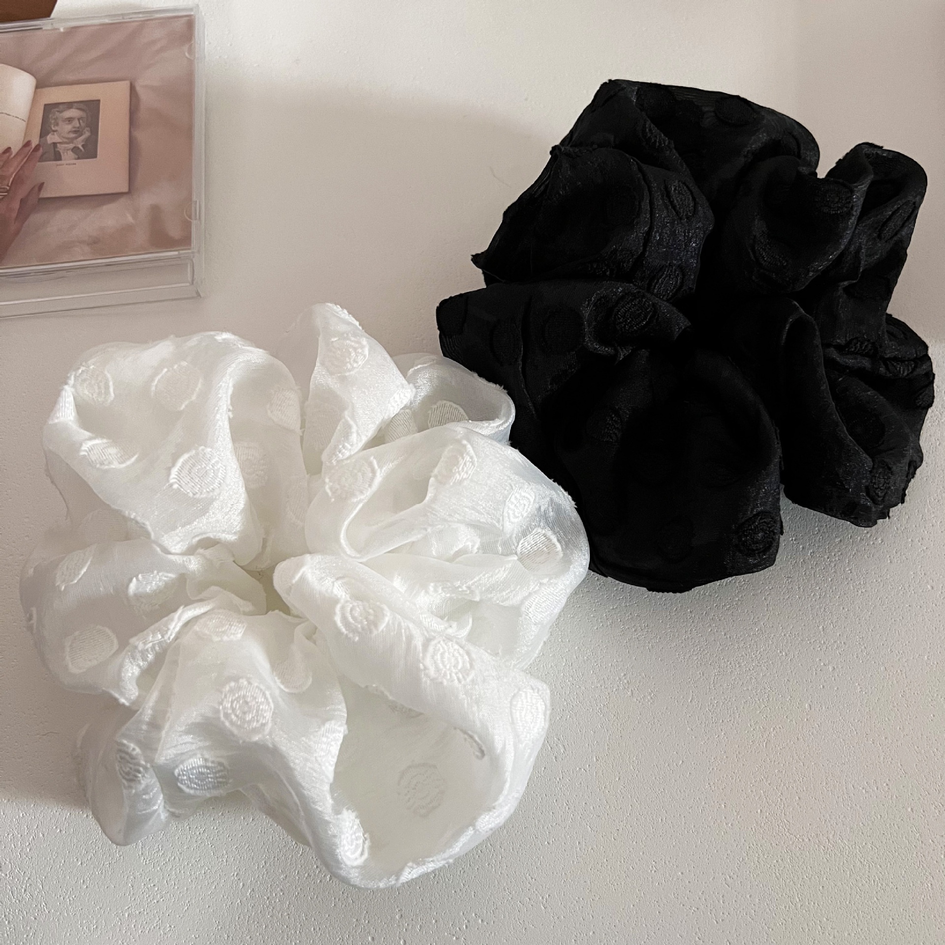 Women Summer Gauze Low Tail Hair Tie White Black Embroidered Polka Dot