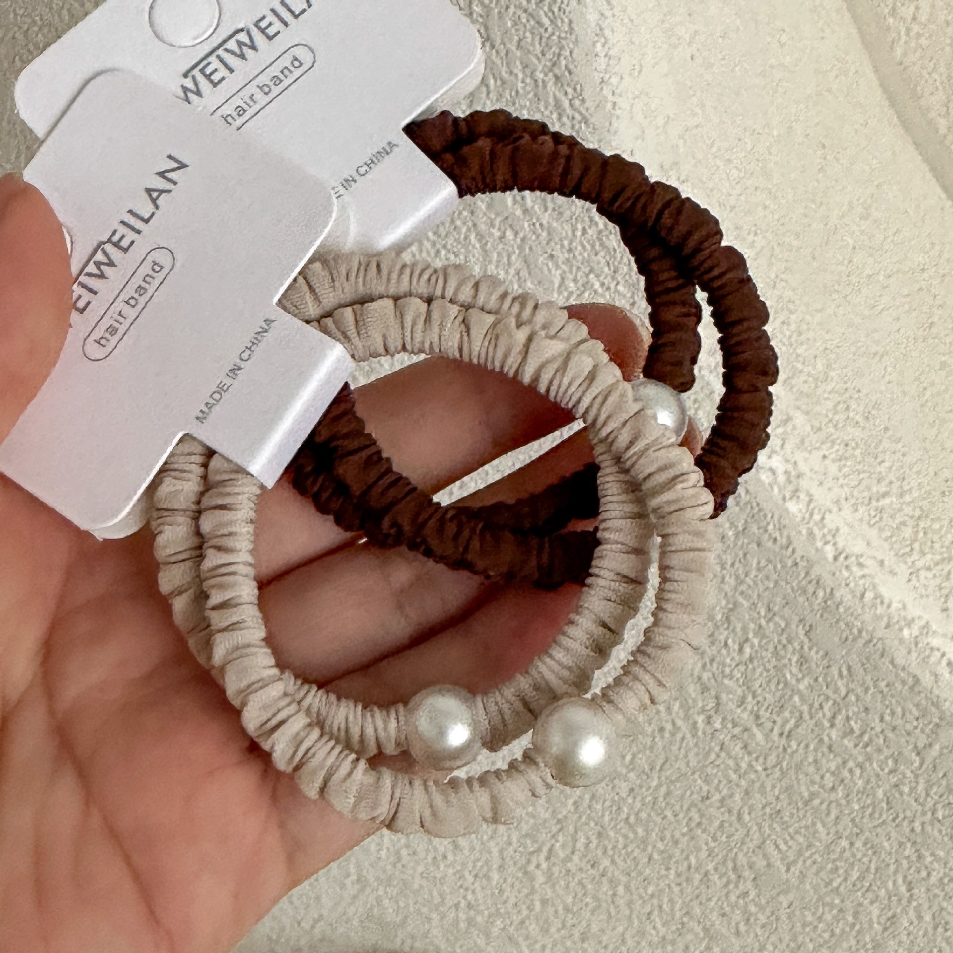 Women's 2Pcs Pearl Cloth Hair Ties Autumn Accessories Khaki