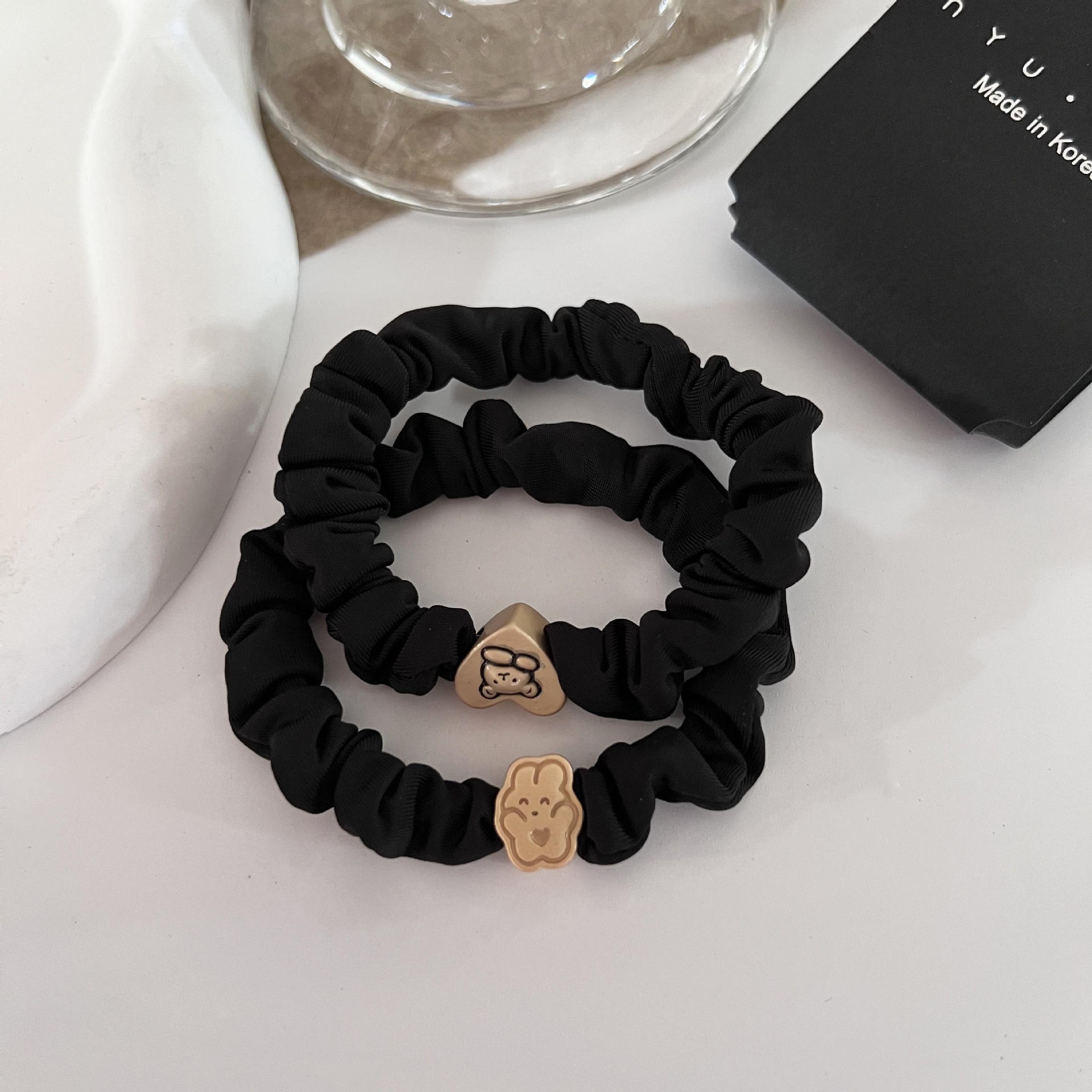 Women's Elastic Cloth Ponytail Hair Tie Set Black Bear Rabbit Bow Pattern