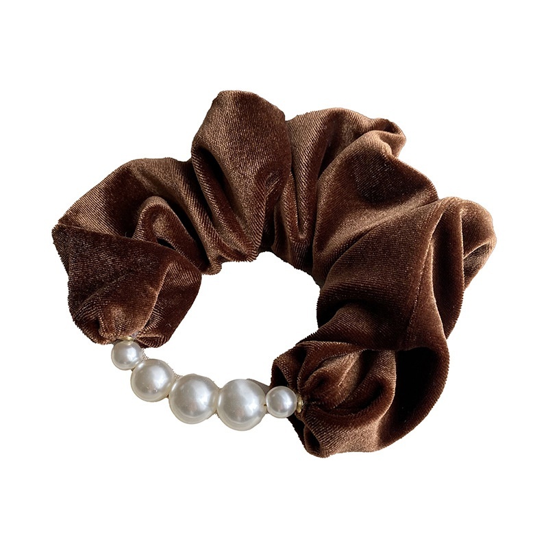 Women Pearl Velvet Winter Scrunchie Elastic Hair Tie Solid Black Red