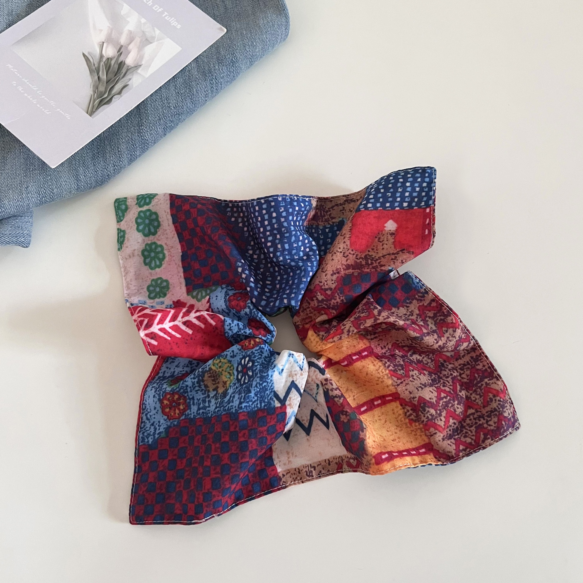 Women's Holiday Cloth Scarf Knot Hair Tie Vintage Floral Plaid