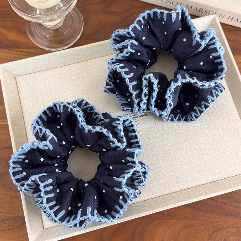 Women's Casual Knitted Lace Half Updo Scrunchie Navy Blue Polka Dot