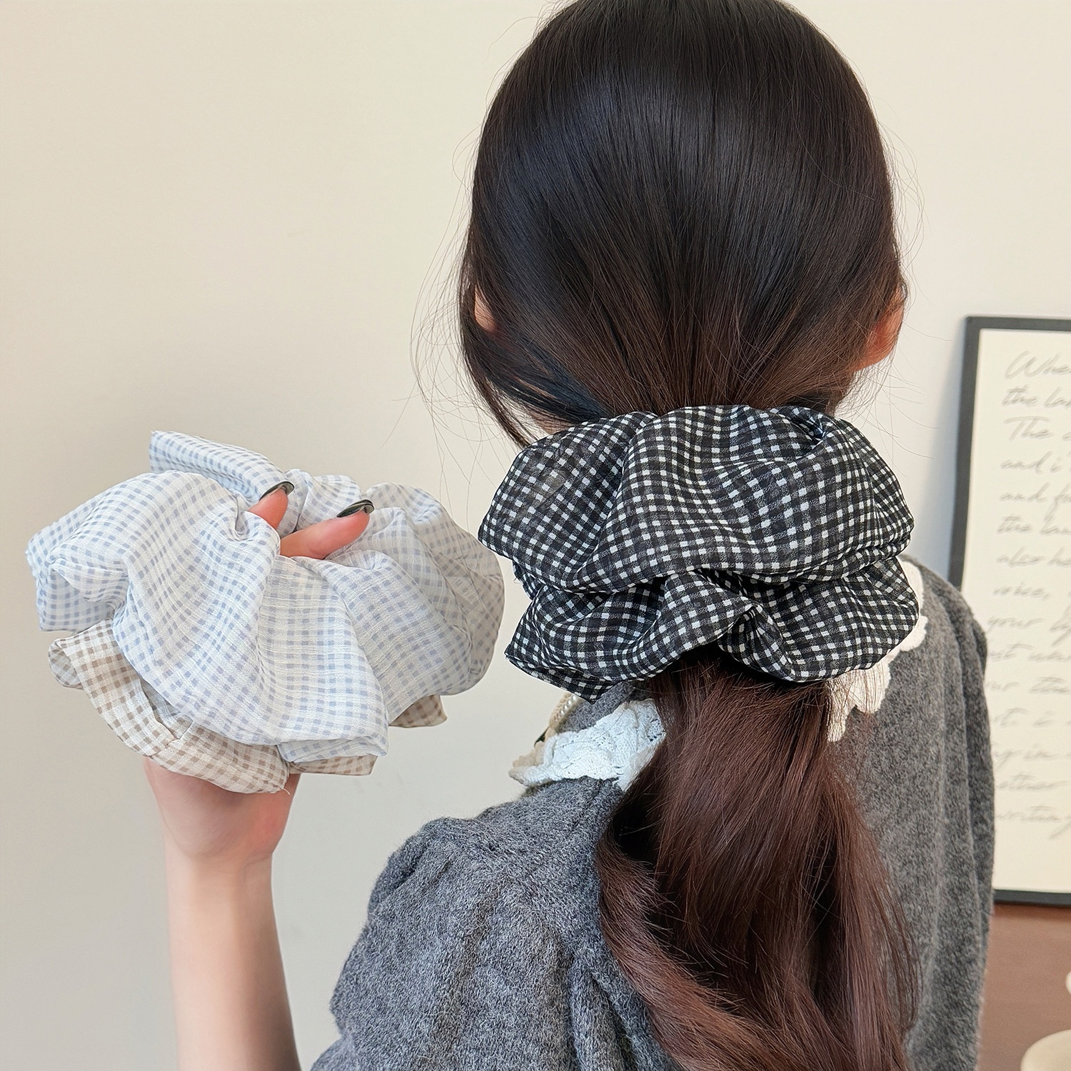 Women's Sweet Spring Cloth Hair Tie Daily Accessories Black Plaid