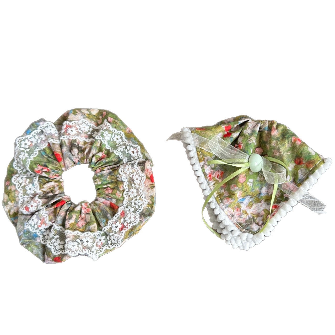 Women's Sweet Spring Cloth Hair Tie Green Ditsy Floral Lace Bow Knot