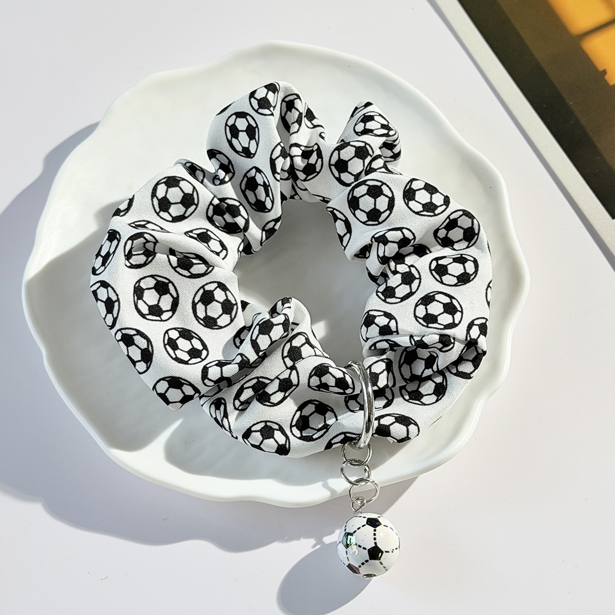 Women's Soft Cloth Telephone Cord Hair Tie For Fans Black & White Football