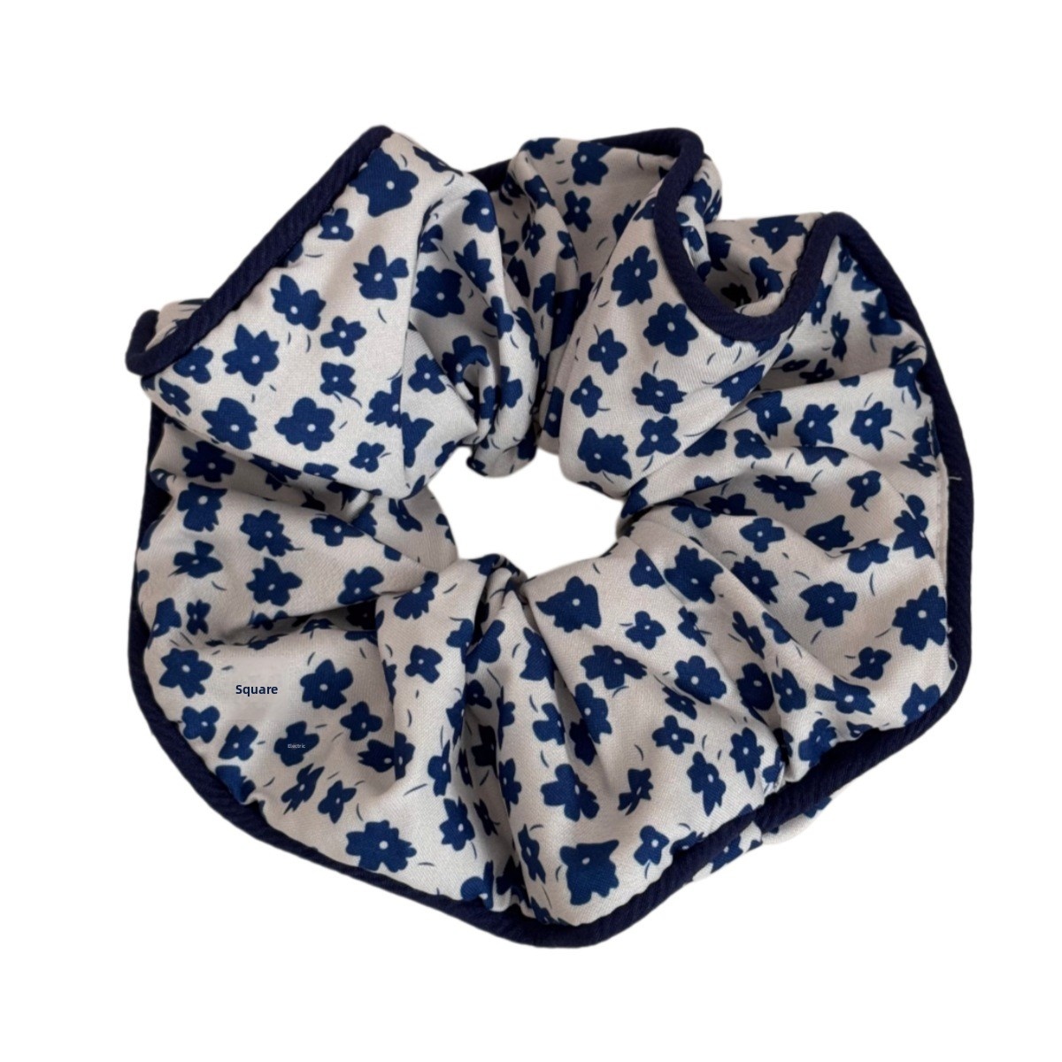 Women's French Style Cloth Spring Hair Tie Navy Blue Floral Plaid