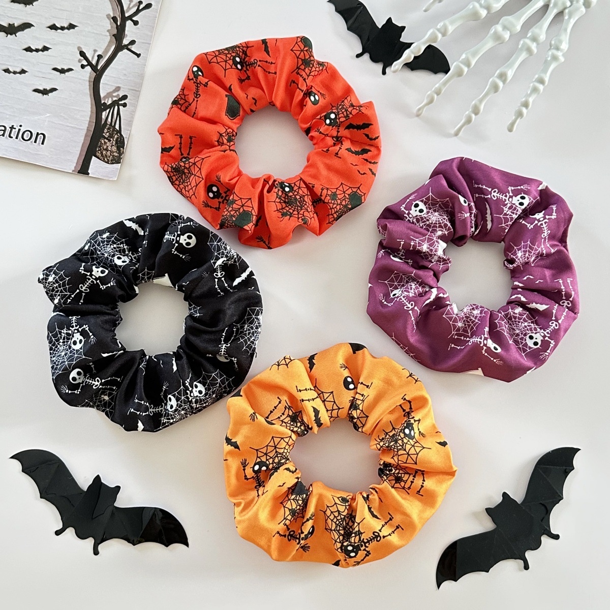 Women's Handmade Cloth Hair Ties Spooky Halloween Skull Spider Web Print