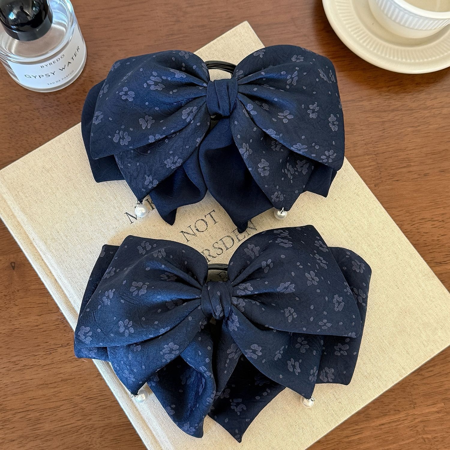 Women's Vintage Print Silk Ribbon Bowknot Hair Clip for Low Ponytail
