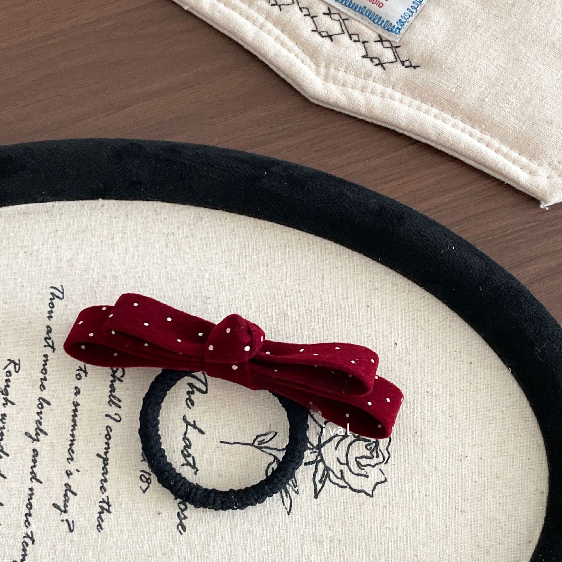 Girls New Year French Flocking Bow Hair Tie Wine Red Polka Dots