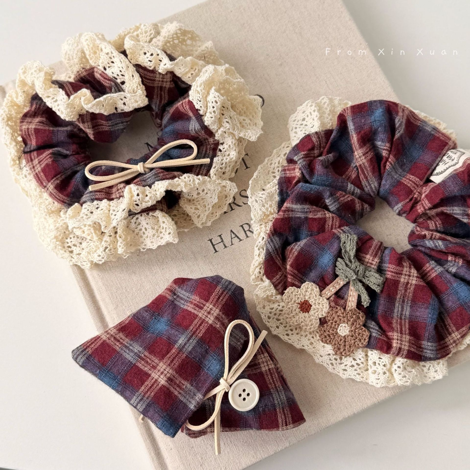 Women's Retro Red Plaid Hair Ties Sweet Early Autumn Embroidered Lace Bands