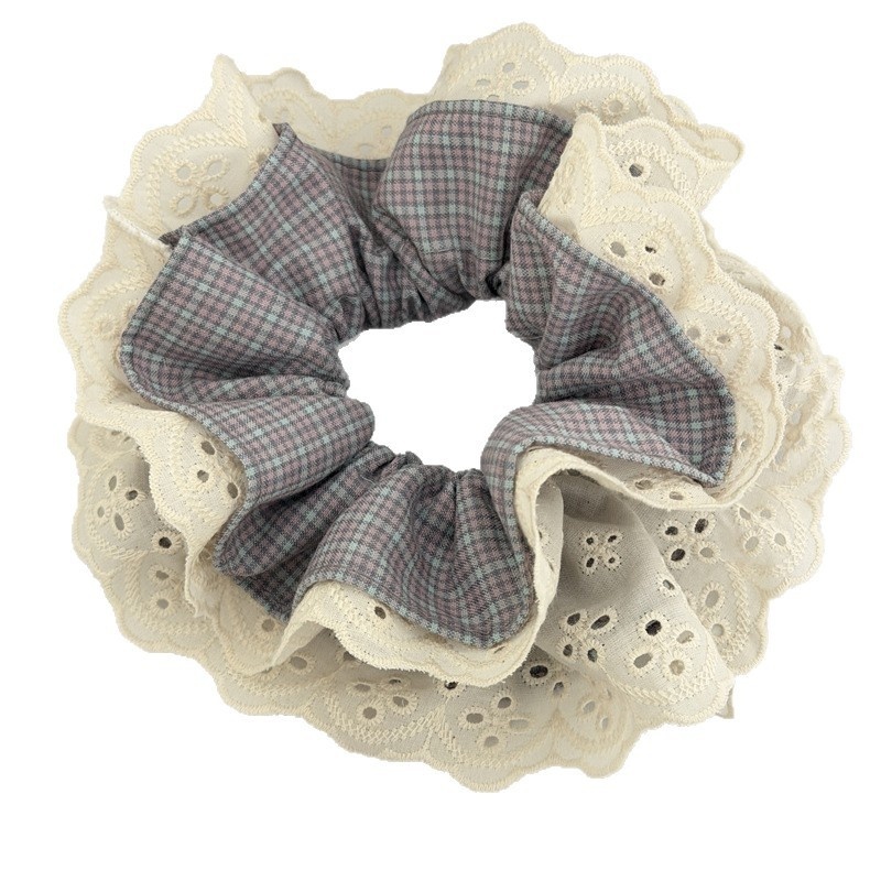 Women's Summer Cloth Hair Scrunchies Pink Plaid Lace Patchwork