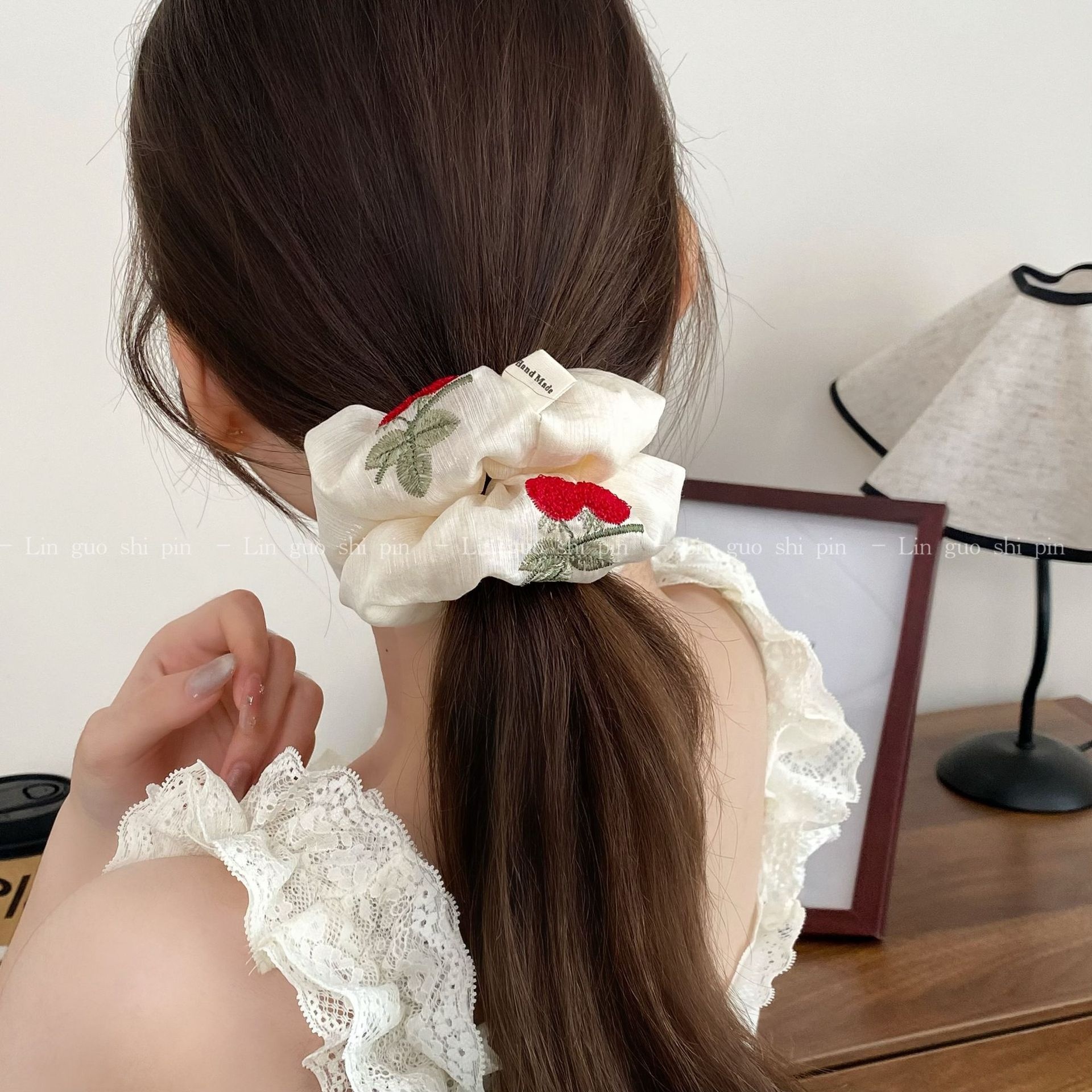 Women's Sweet Gauze Hair Tie White Cherry Pattern Lace Embroidery
