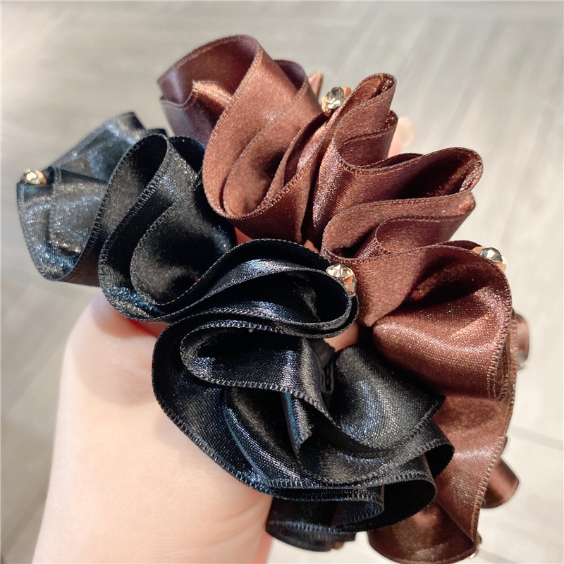 Women's Elegant Low Bun Elastic Hair Ties Satin Diamond Embellished