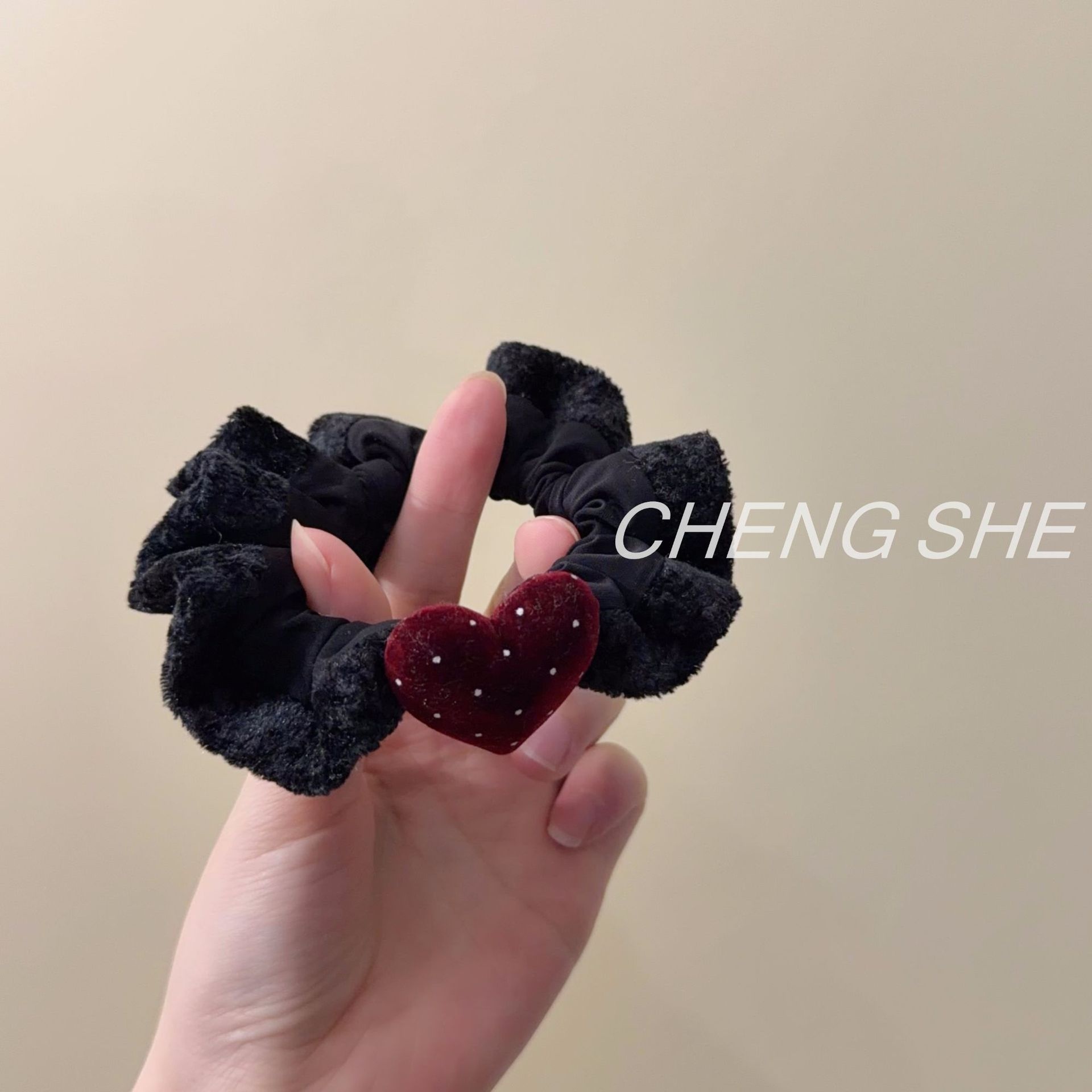 Women Winter Velvet Scrunchie Polka Dots Dark Coffee Elastic Hair Tie
