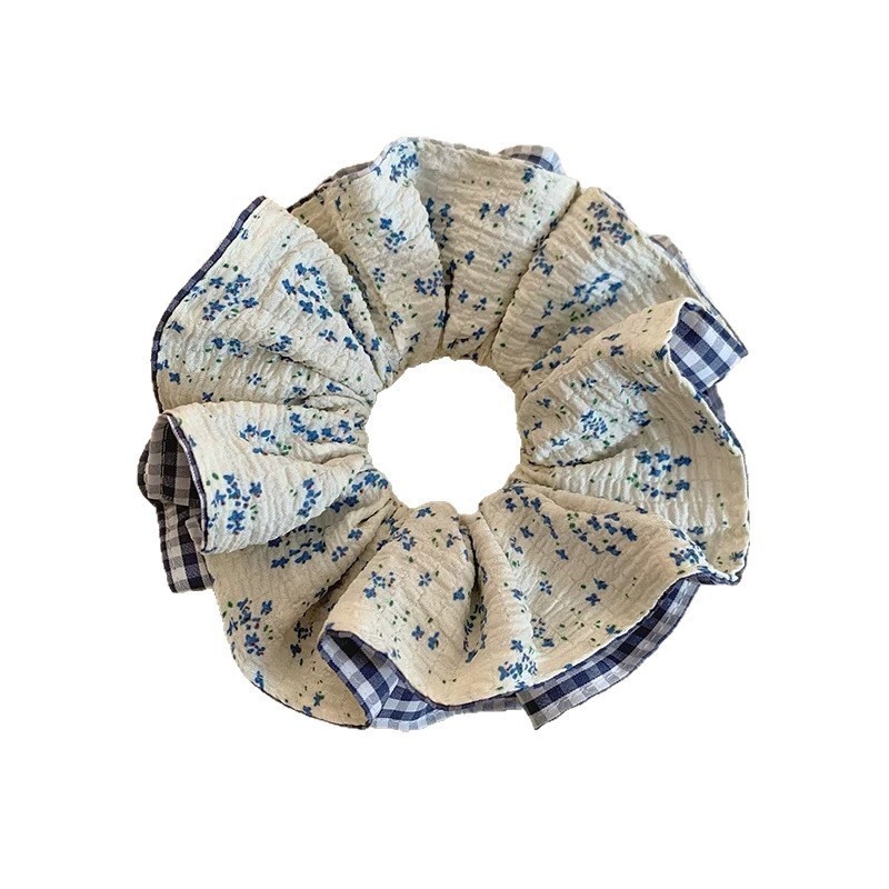 Women's Elegant Cotton Hair Ties Headscarves Blue Plaid Floral