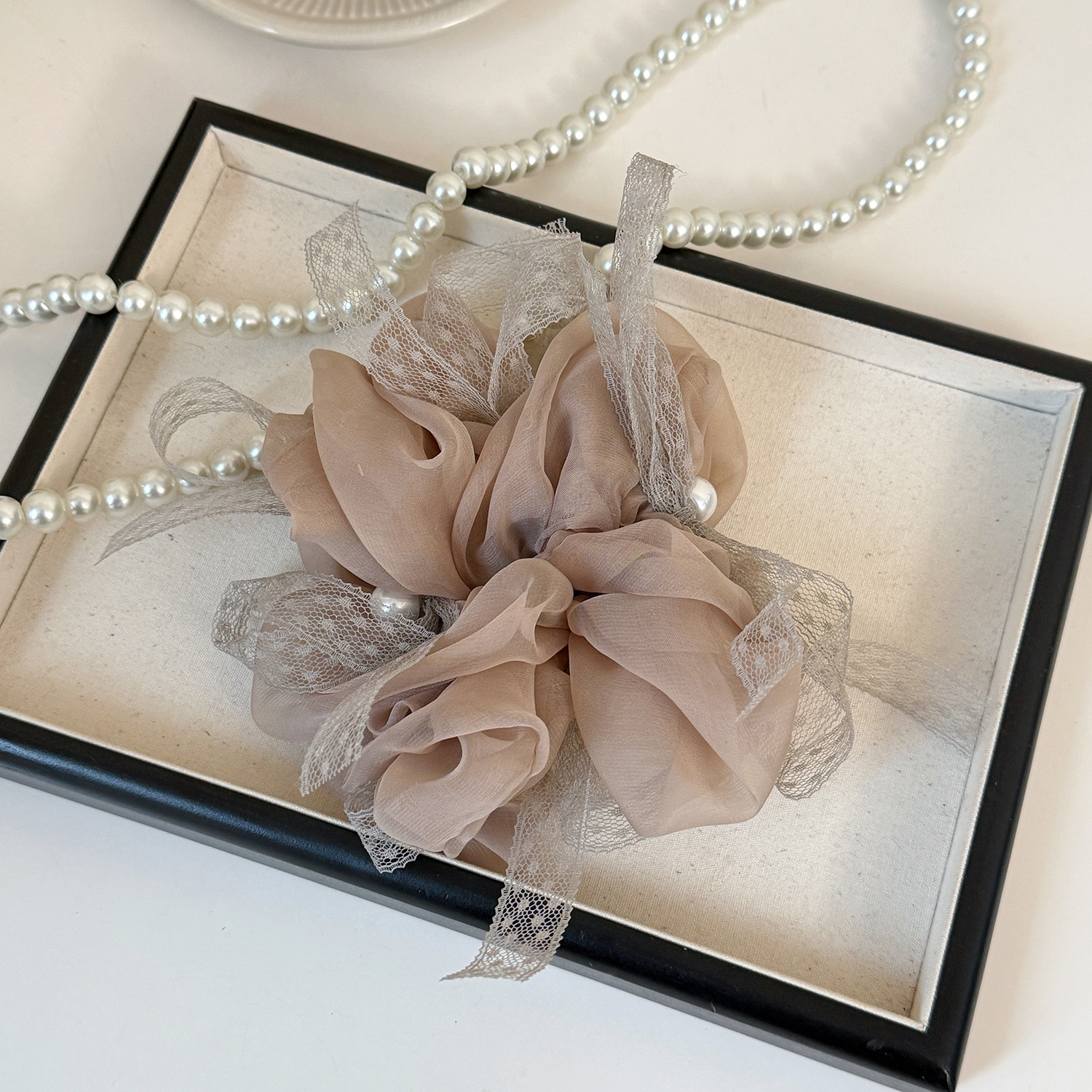 Women's French Style Summer Organza Hair Tie in Beige, Pink, Black