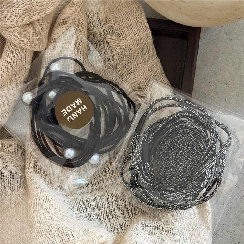 Women's Elastic Pearl Beaded Cloth Hair Ties Black Shiny Double Strand