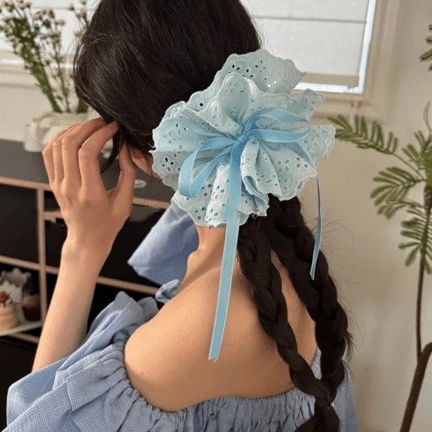 Women's Cloth Drawstring Bun Hair Tie Scrunchie Multi-layer Lace