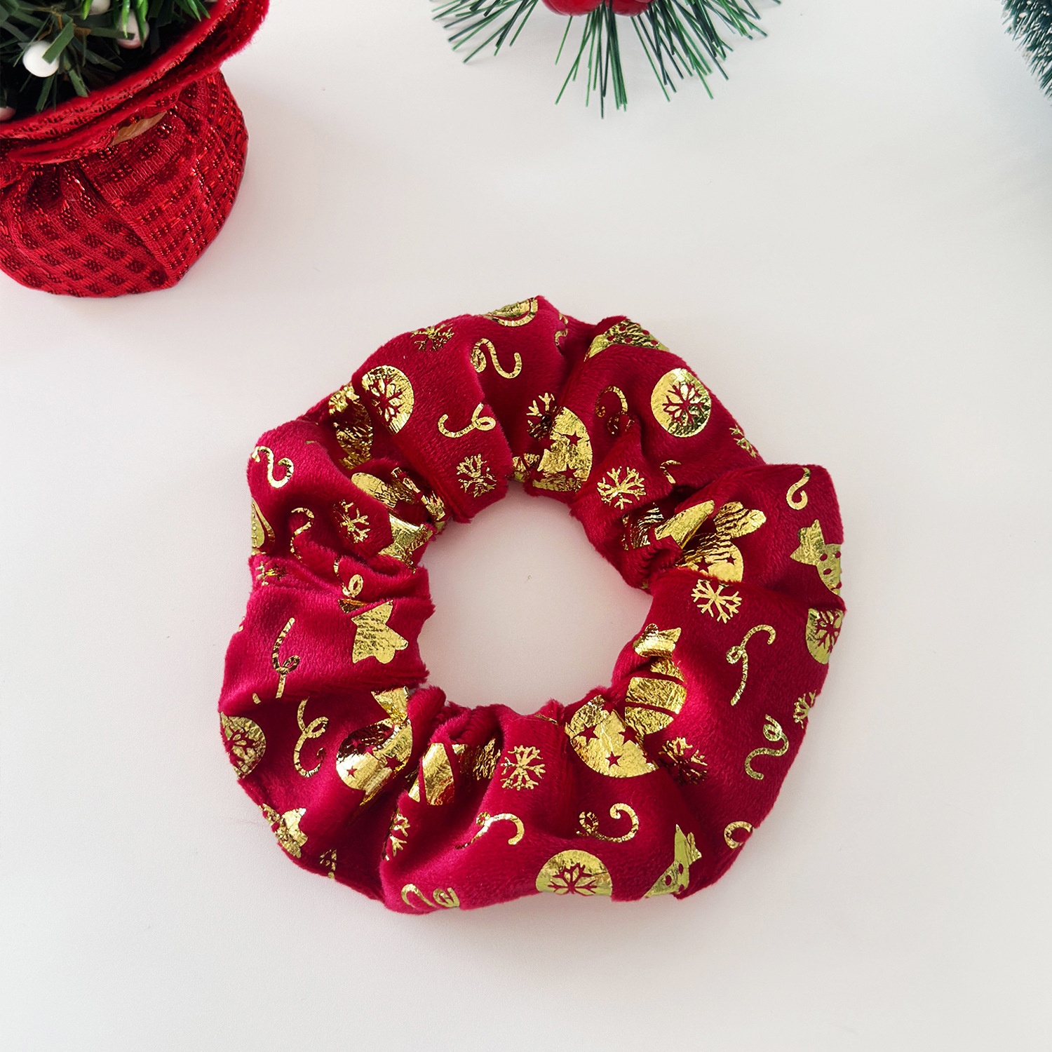 Women's Festive Velvet Hair Scrunchies Gold Embossed Christmas Tree