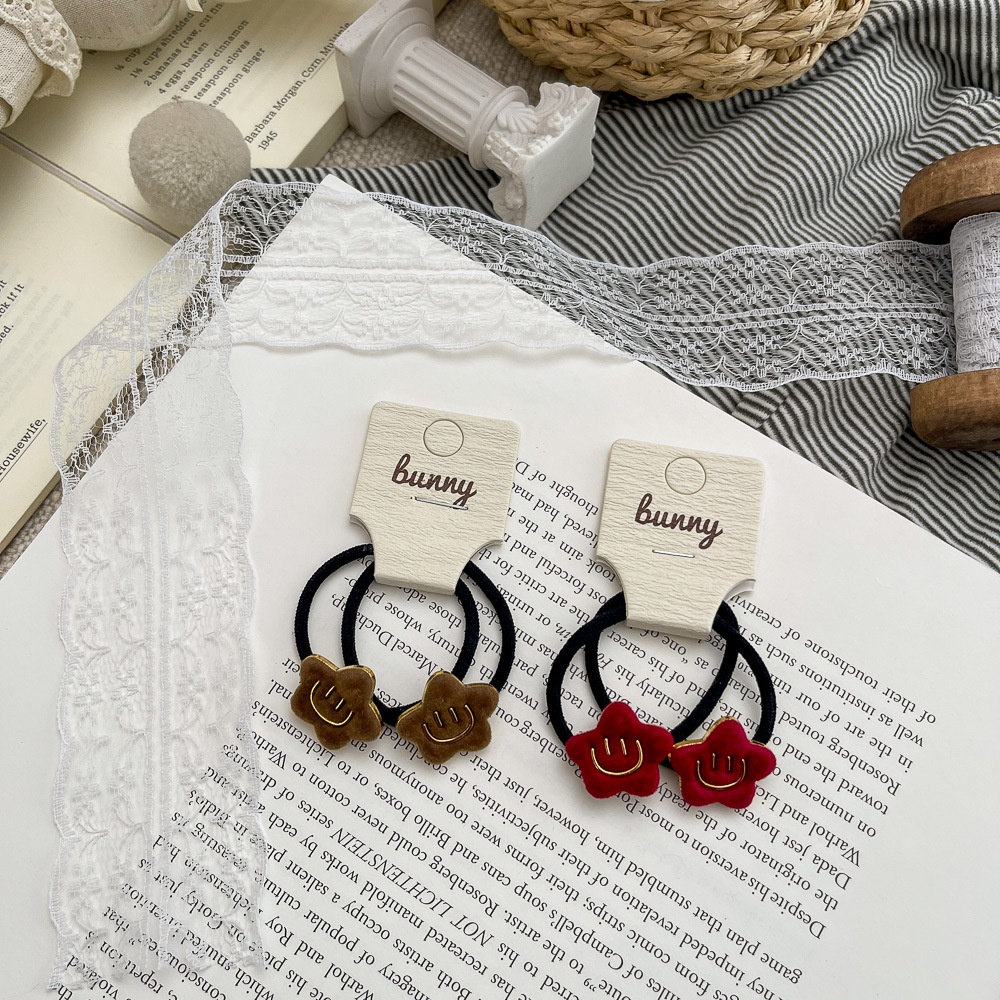 Girls Winter Flocked Elastic Hair Tie Star Smiley Face Black Yellow Blue