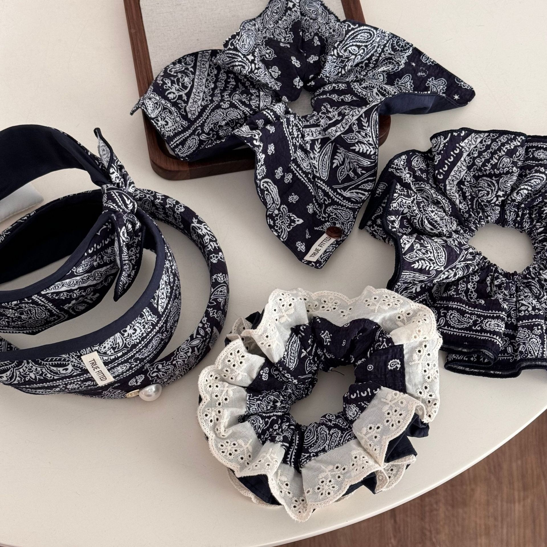 Women's Vintage Summer Bubble Braid Hair Rope Navy Blue Cashew Lace