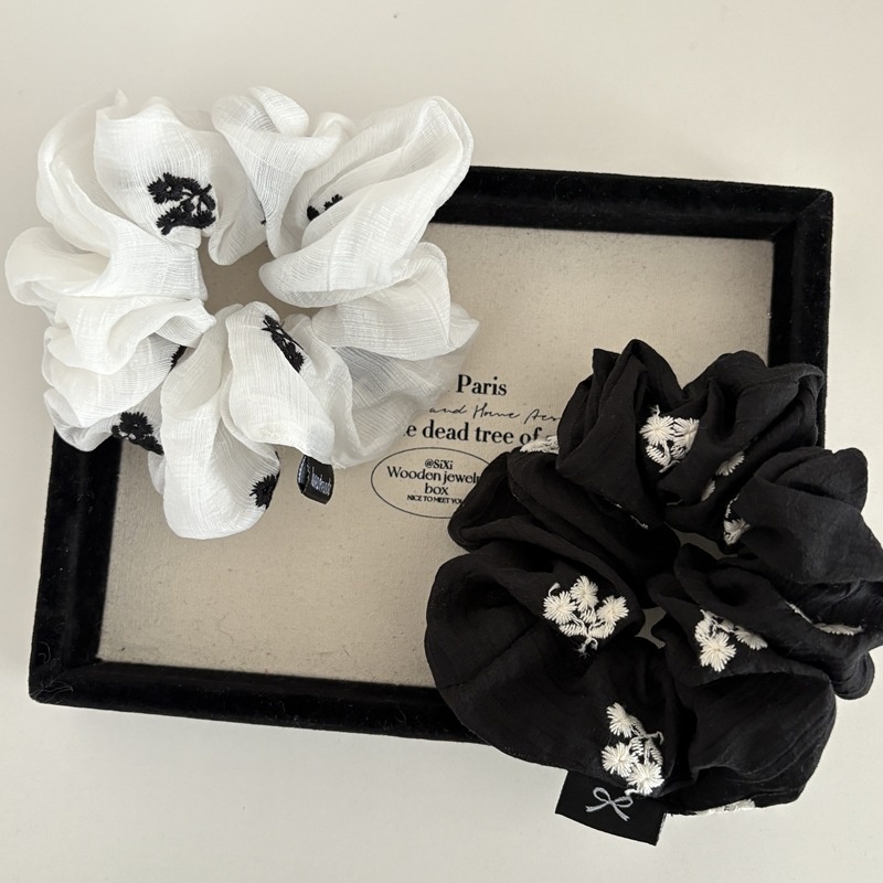 Women's Spring Cloth Hair Tie Scrunchie Black Embroidered Floral