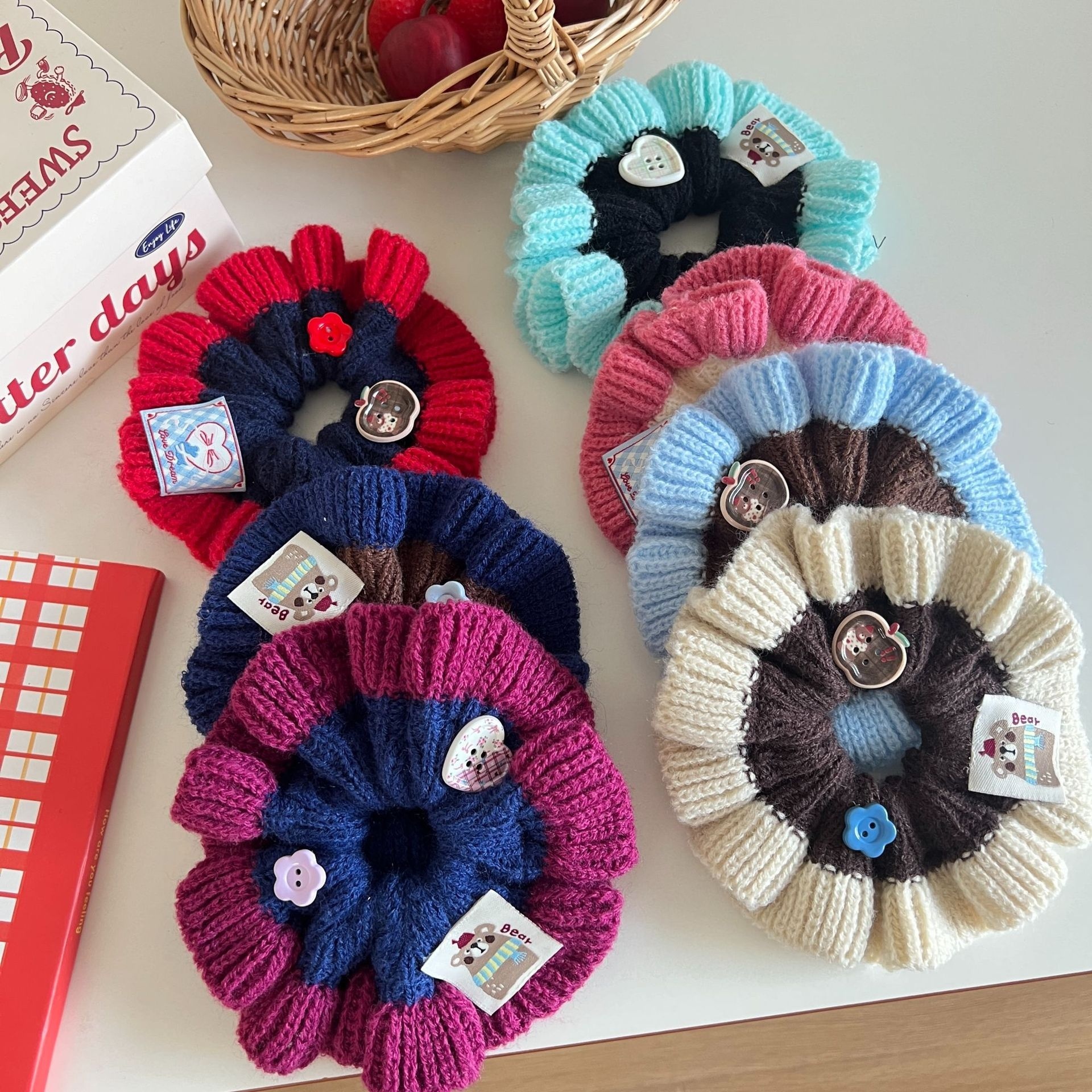 Women's Sweet Knitted Elastic Bun Hair Tie For Autumn Winter Color Block