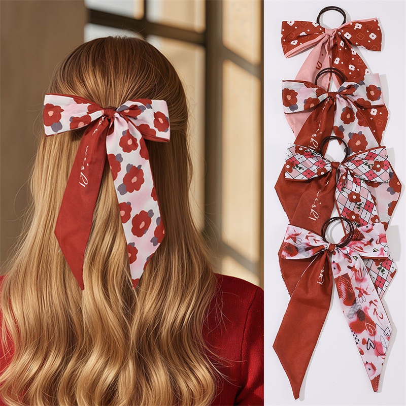 Women's Satin Bow Hair Tie Scarf Headband Black Striped Floral Plaid