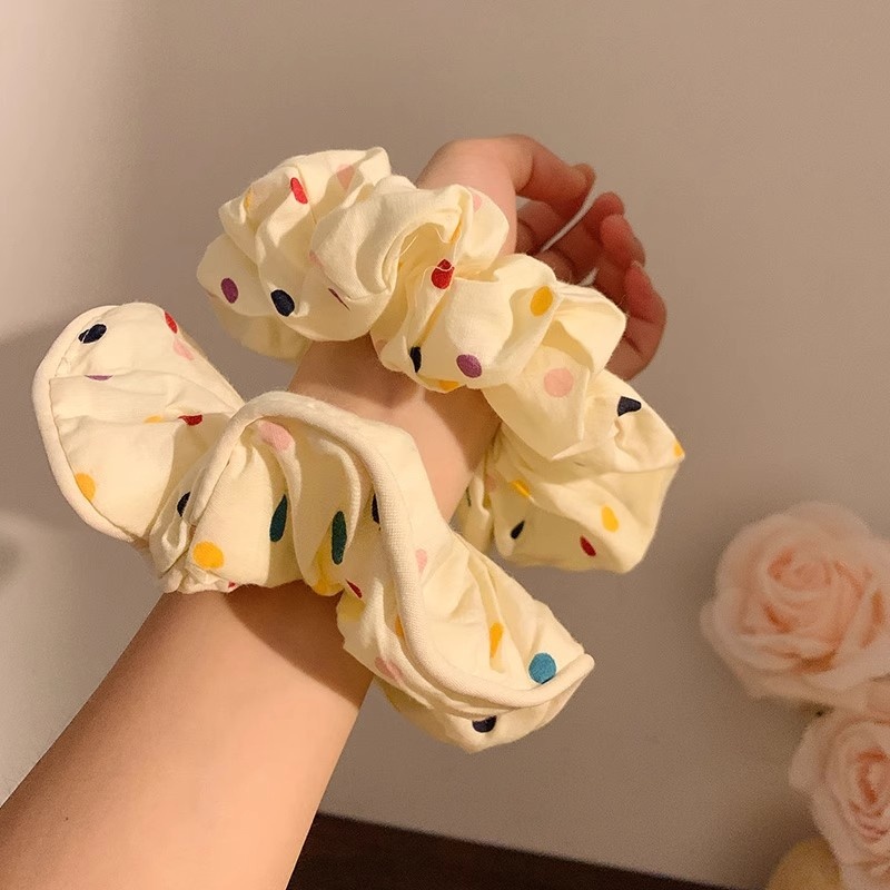 Women's Large Mori Style Scrunchie Beige Polka Dot Cloth Hair Tie