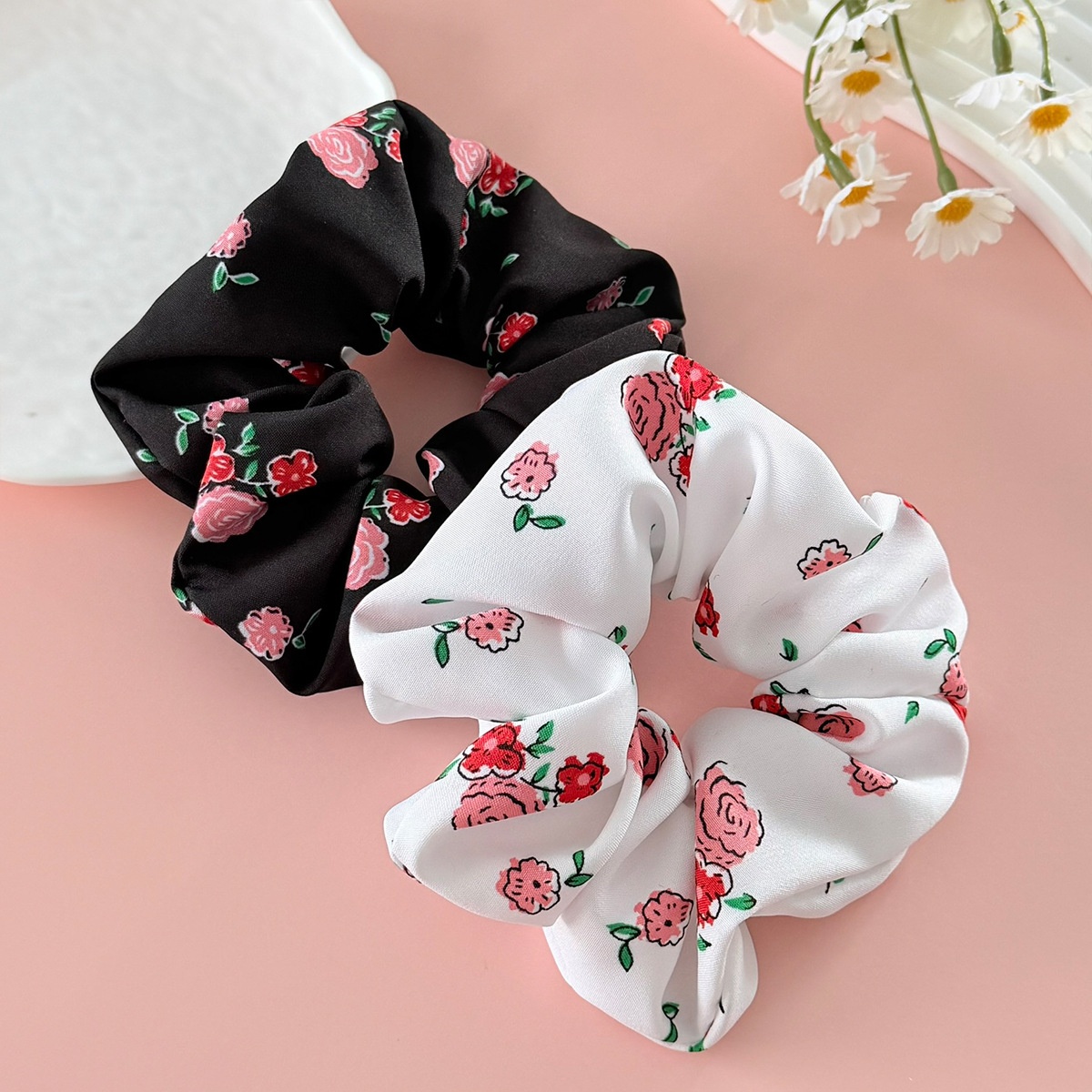 Women's Valentine Fabric Elastic Hairband Scrunchies Rose Pink White Black