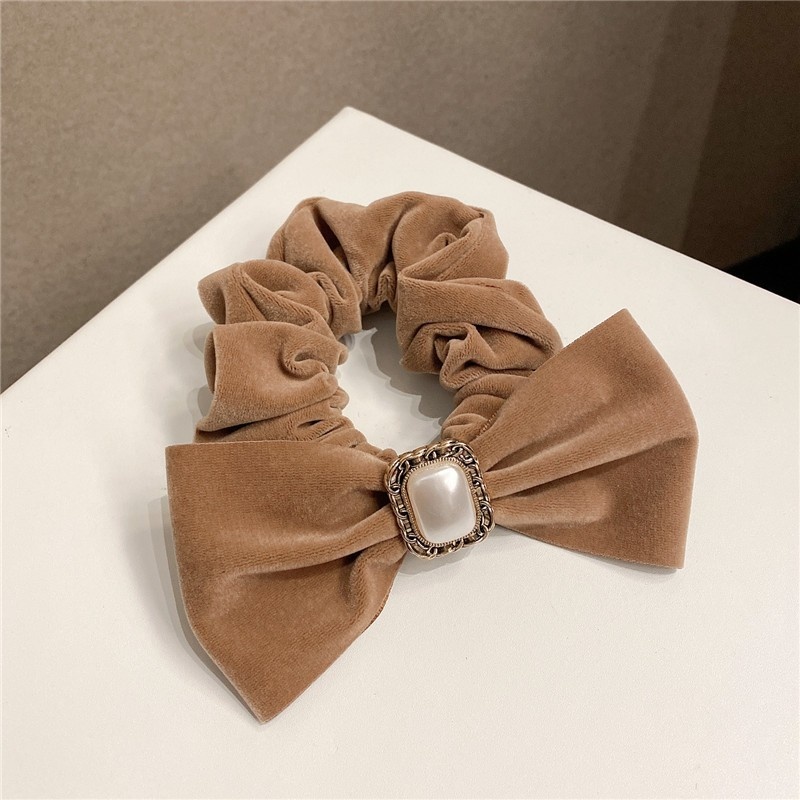 Ladies Velvet Bow Hairband All Season Hair Tie Khaki Geometric