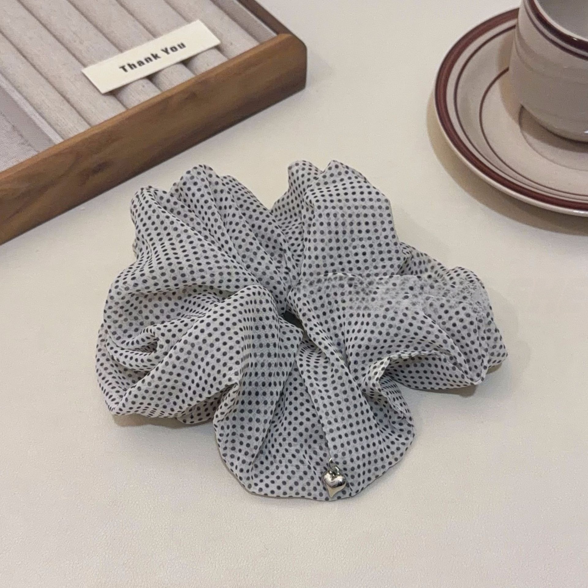 Women's All-Season Gauze Hair Scrunchie Beige Polka Dots Bow Knot