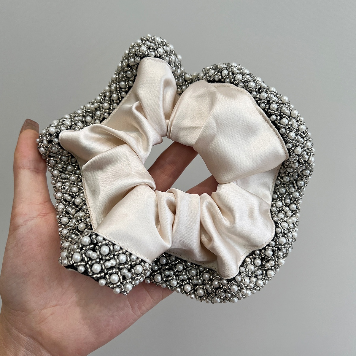 Women's Elegant Pearl Crystal Satin Hair Ties French Vintage Black Brown Scrunchie