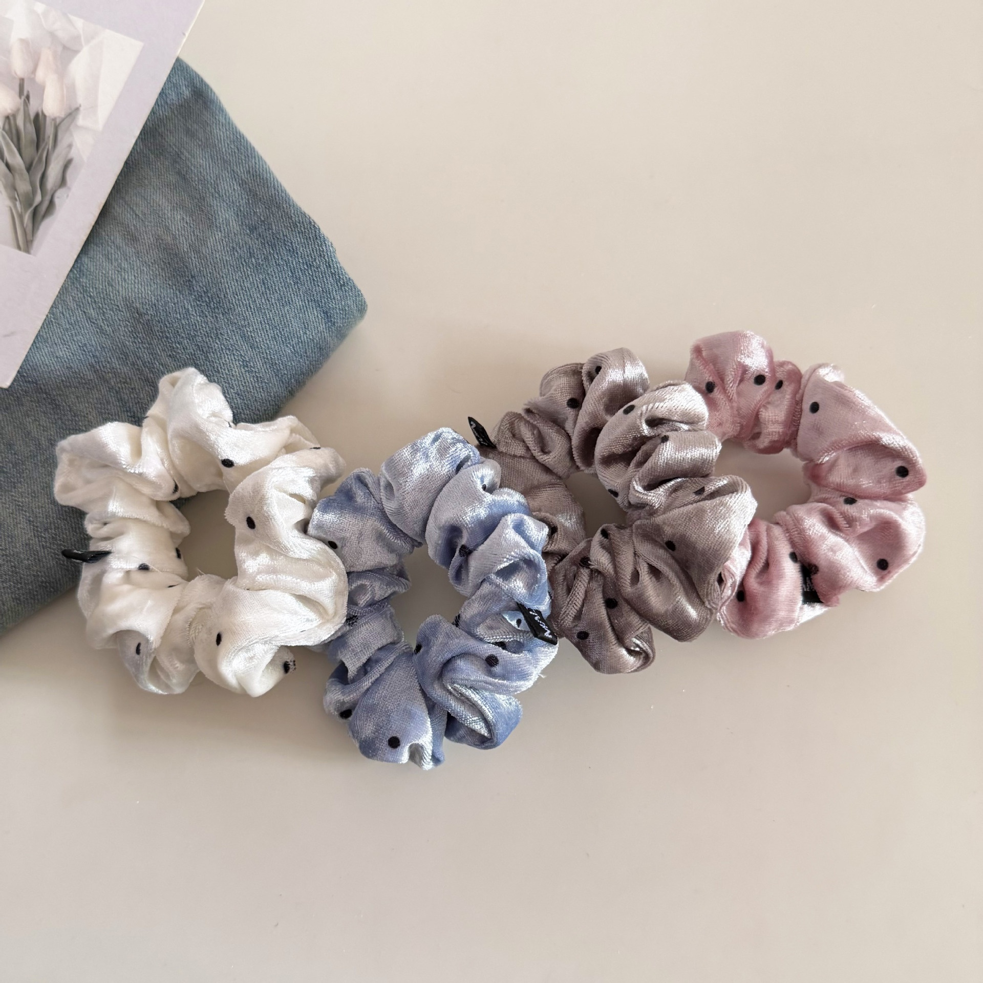 Women's Velvet Hair Scrunchie Ball Head Tie All Seasons Polka Dot