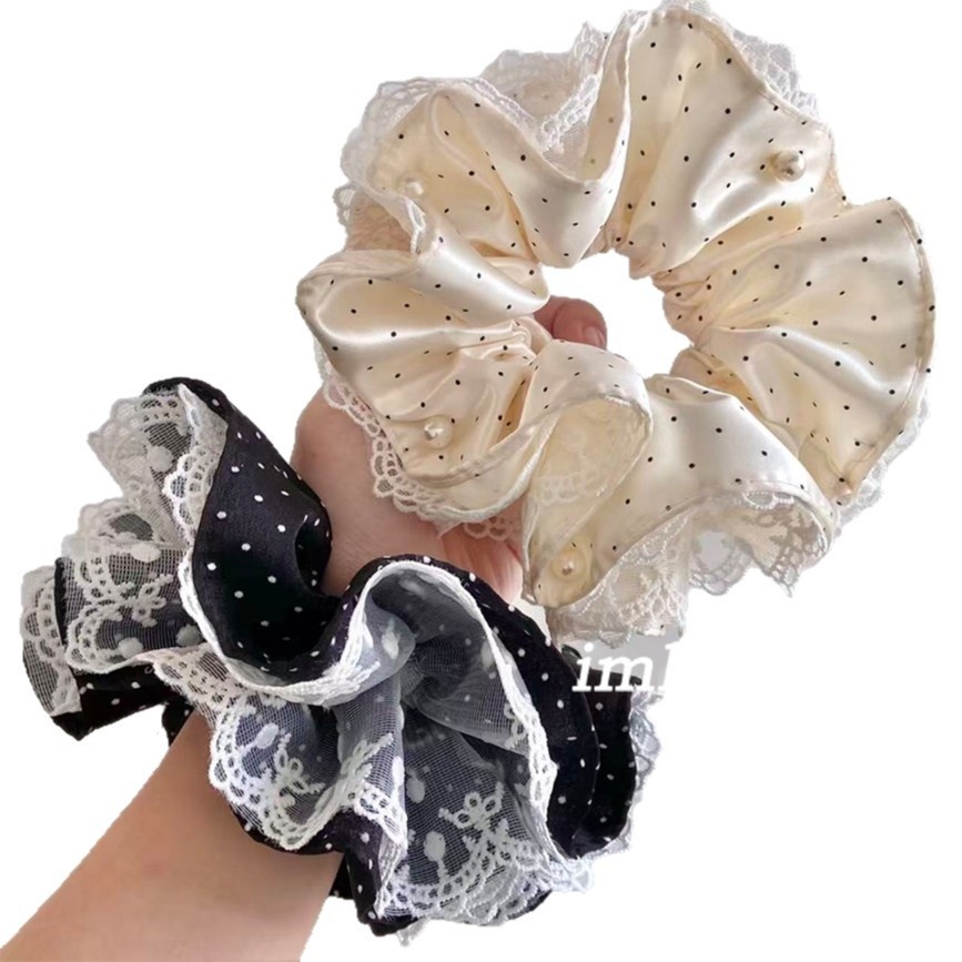 Women's Fairy Style Lace Hair Tie with Pearl Inlay Beige Polka Dots