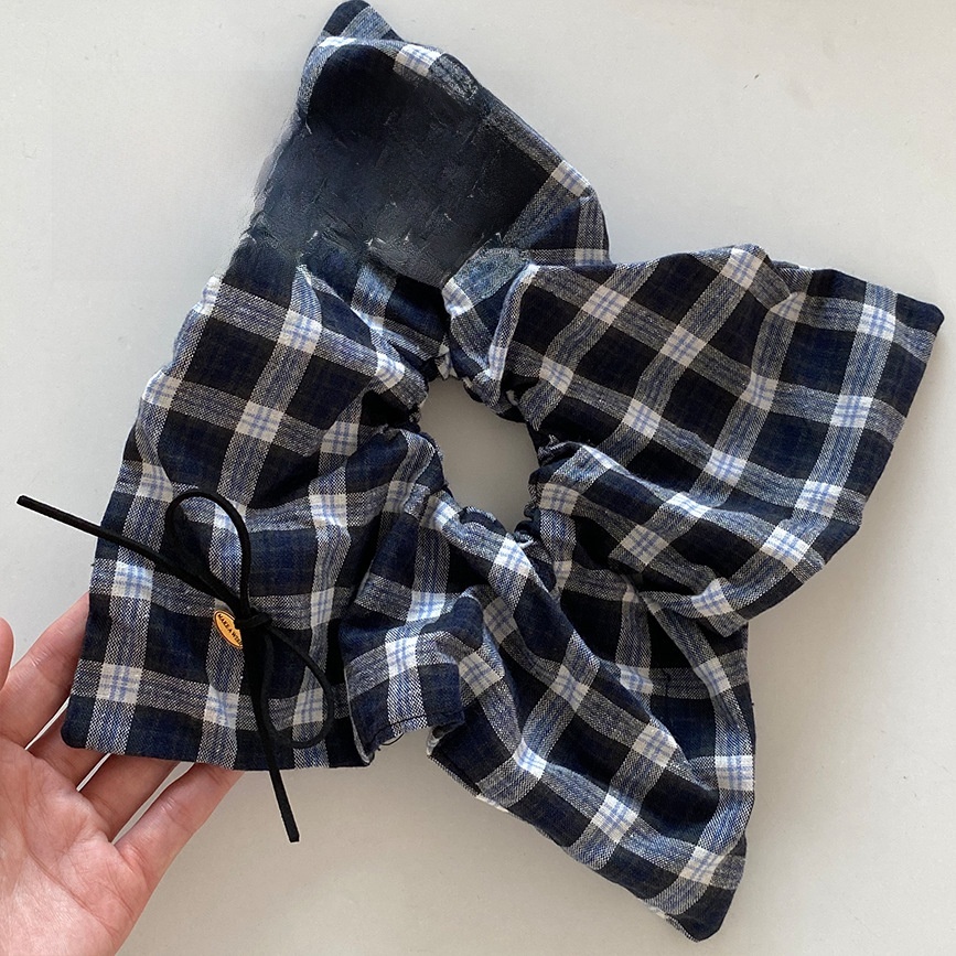 Women Cloth Hair Tie Preppy Style Autumn Accessory Navy Blue Plaid