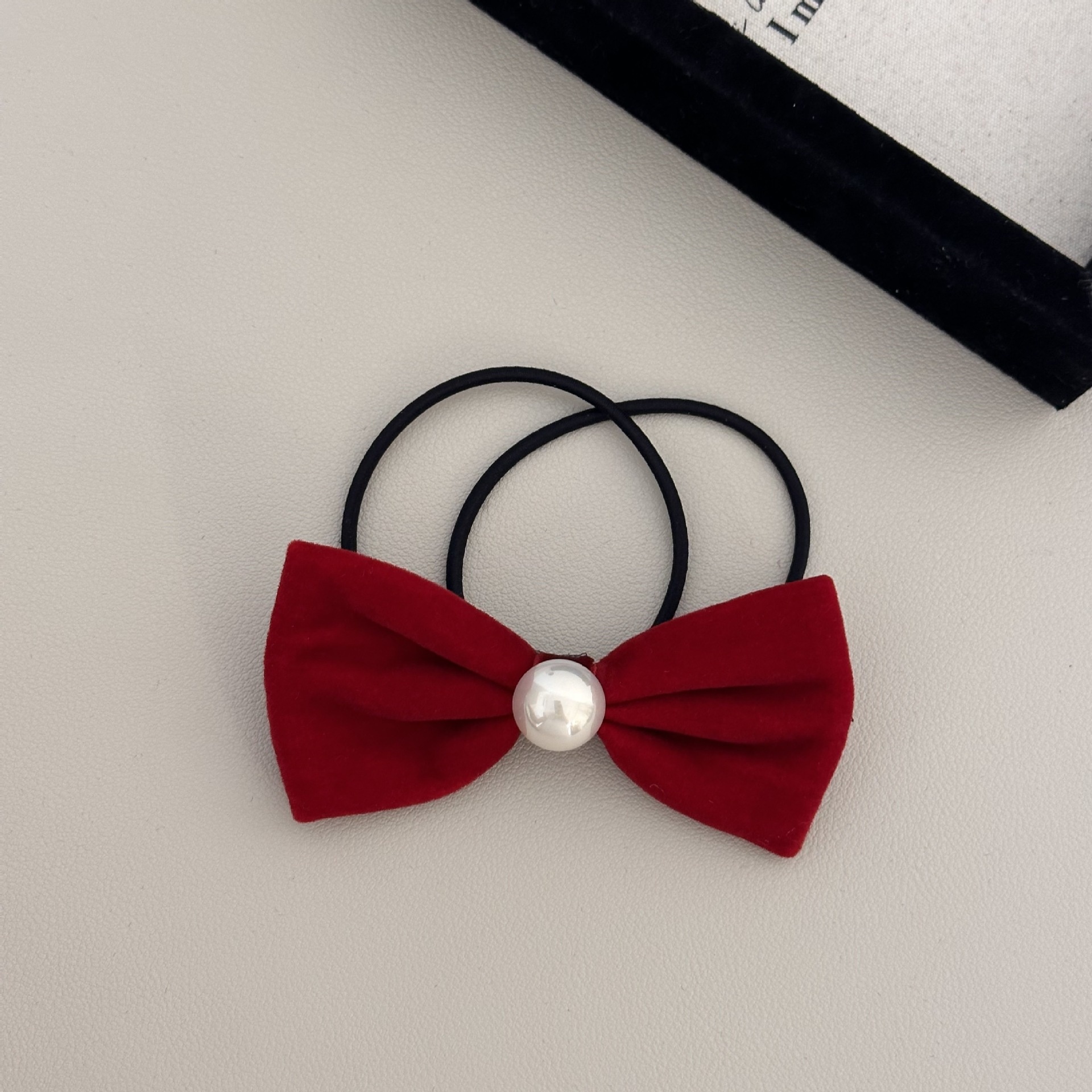 Women's Elegant Velvet Bowknot Hair Tie Pearl Ponytail Holder Black