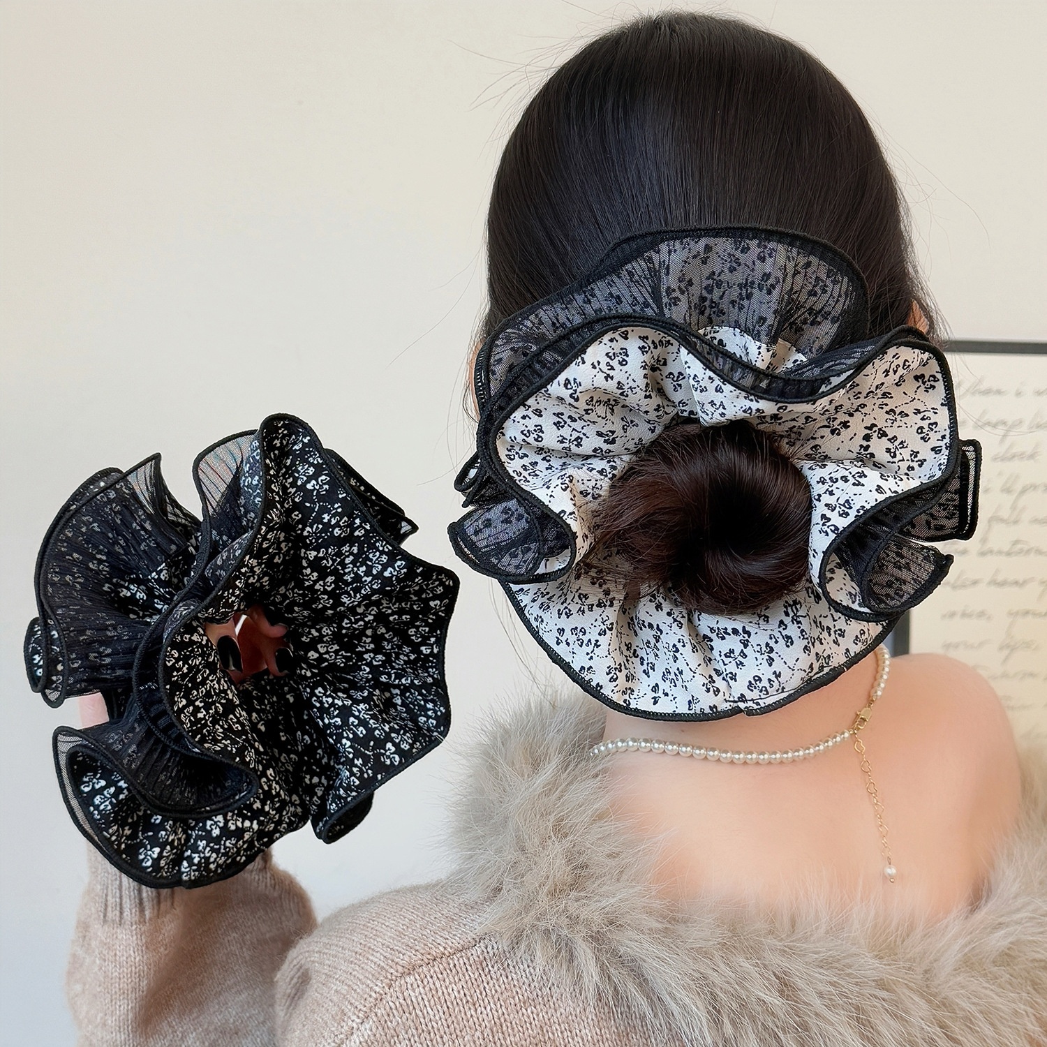 Women's Spring Korean Soft Gauze Hair Tie Black Ditsy Floral